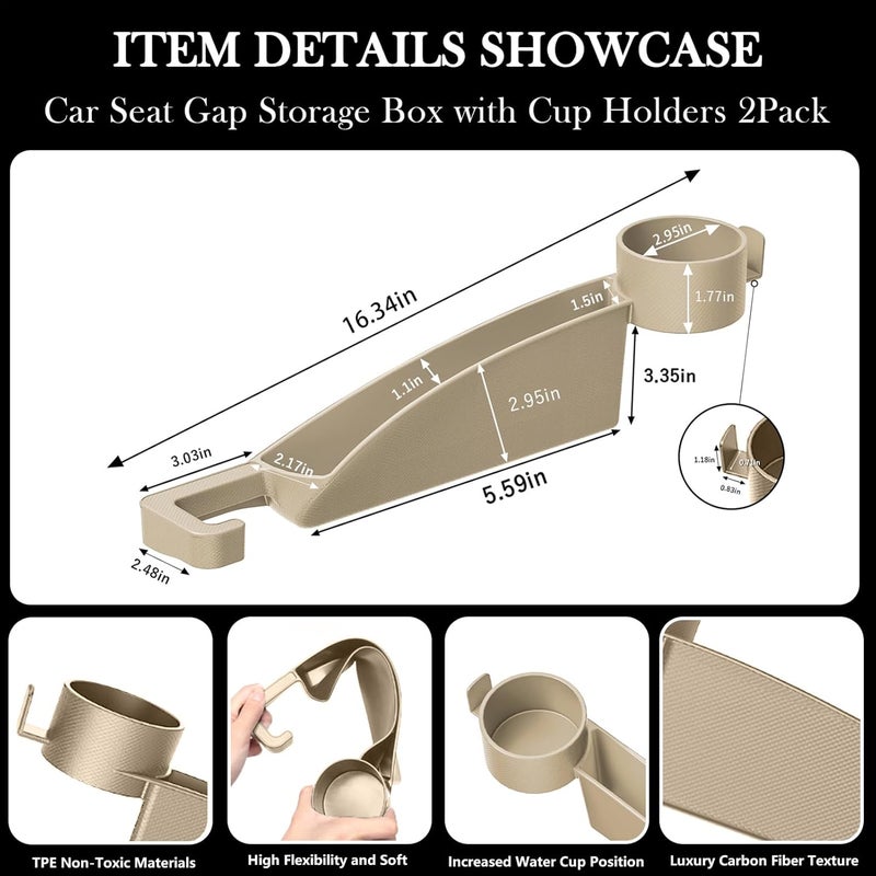 DDTPDE Car Seat Gap Filler Set of 2, Upgraded Car Side Seat Gap Fillers with Organizer, Cup Holder & Hook Function, Inserts Between Front Seats Console Catcher 4in1 Gap Stopper Fill Plug Storage Box (Beige) - Image 4